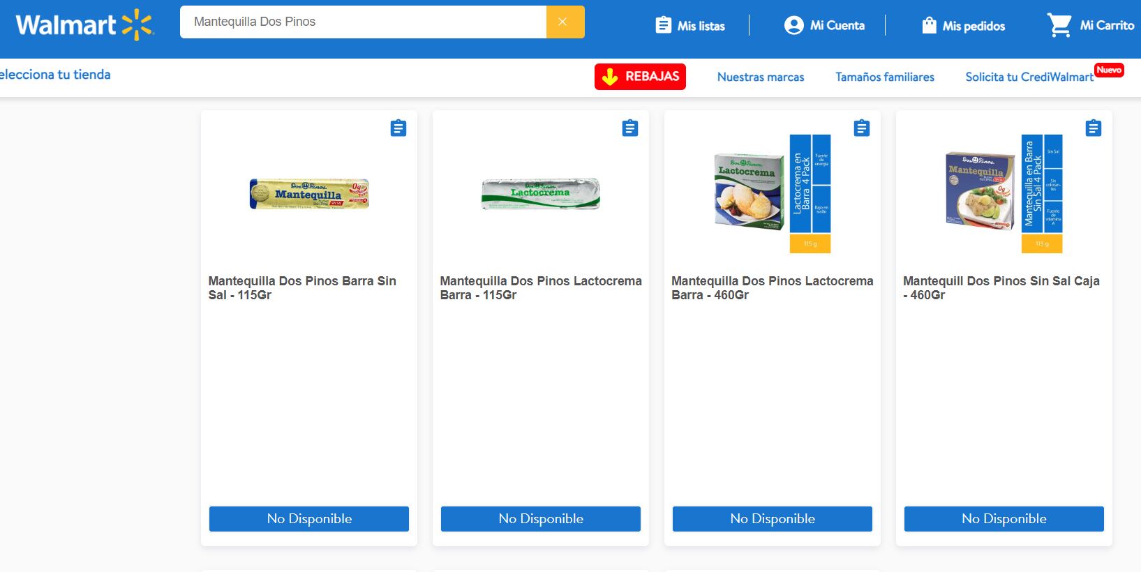 Búsqueda de mantequilla Dos Pinos el 6 de abril en la página web de Walmart CR | El Financiero | Captura Fabrice Le Lous