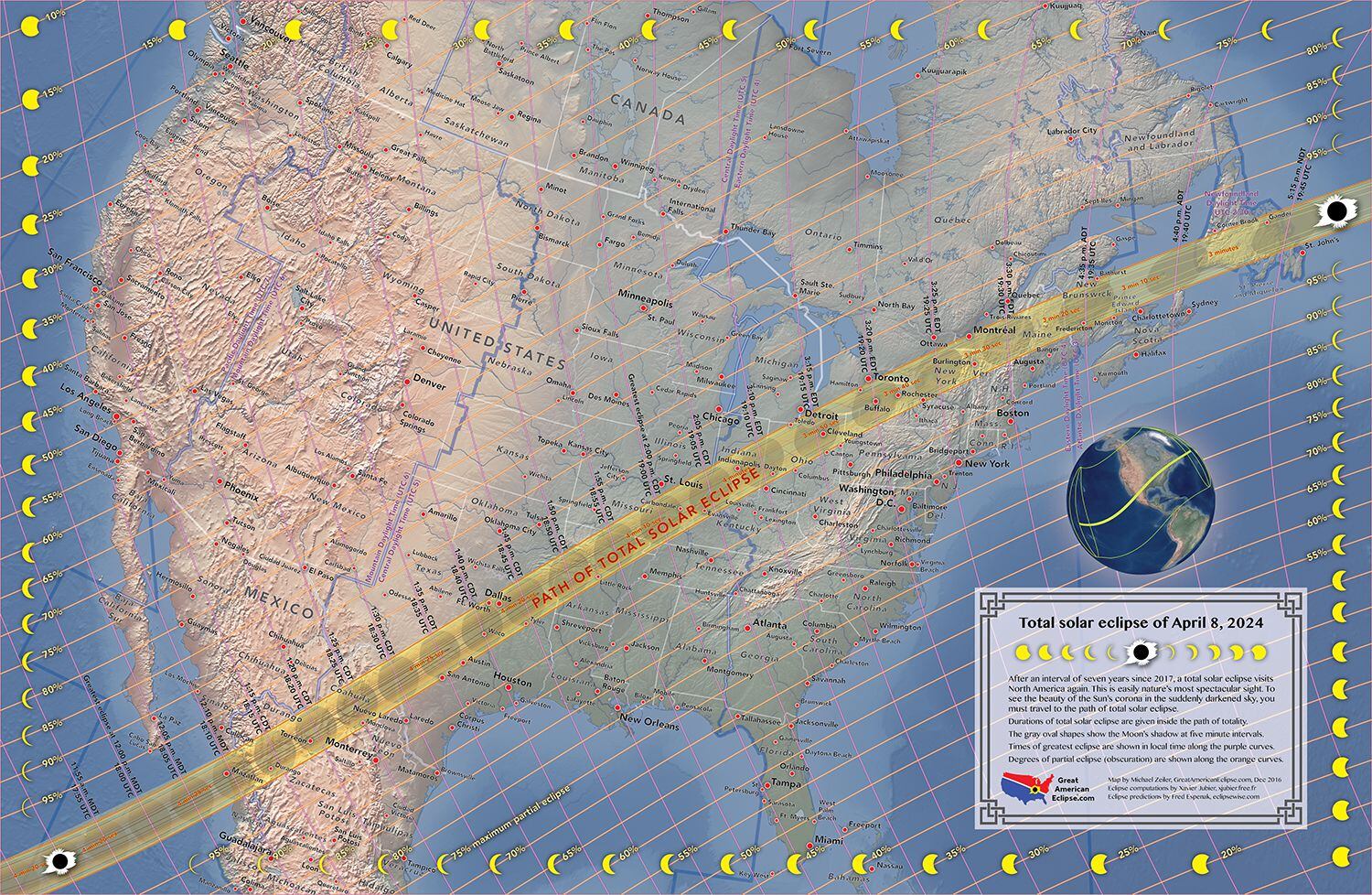 Este mapa elaborado por el portal greatamericaneclipse.com muestra la trayectoria del eclipse total solar el 8 de abril de 2024. Ilustración: cortesía de greatamericaneclipse.com