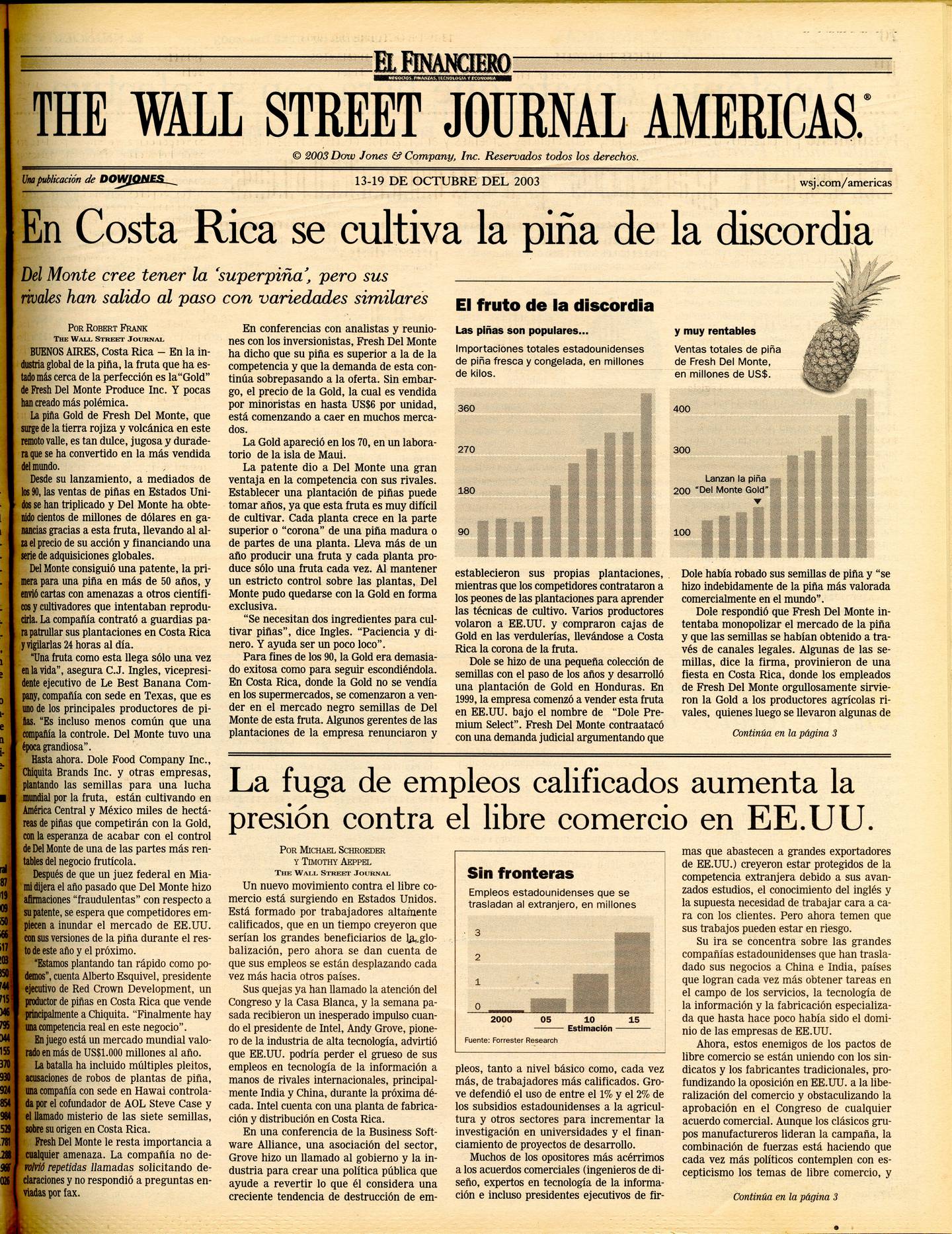 Una publicación del medio estadounidense The Wall Street Journal con fecha de octubre de 2003 relata la explosión del cultivo de la piña en Costa Rica. Foto: Publicación de El Financiero.