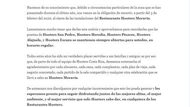 Hooter’s Costa Rica cerró su restaurante en Moravia