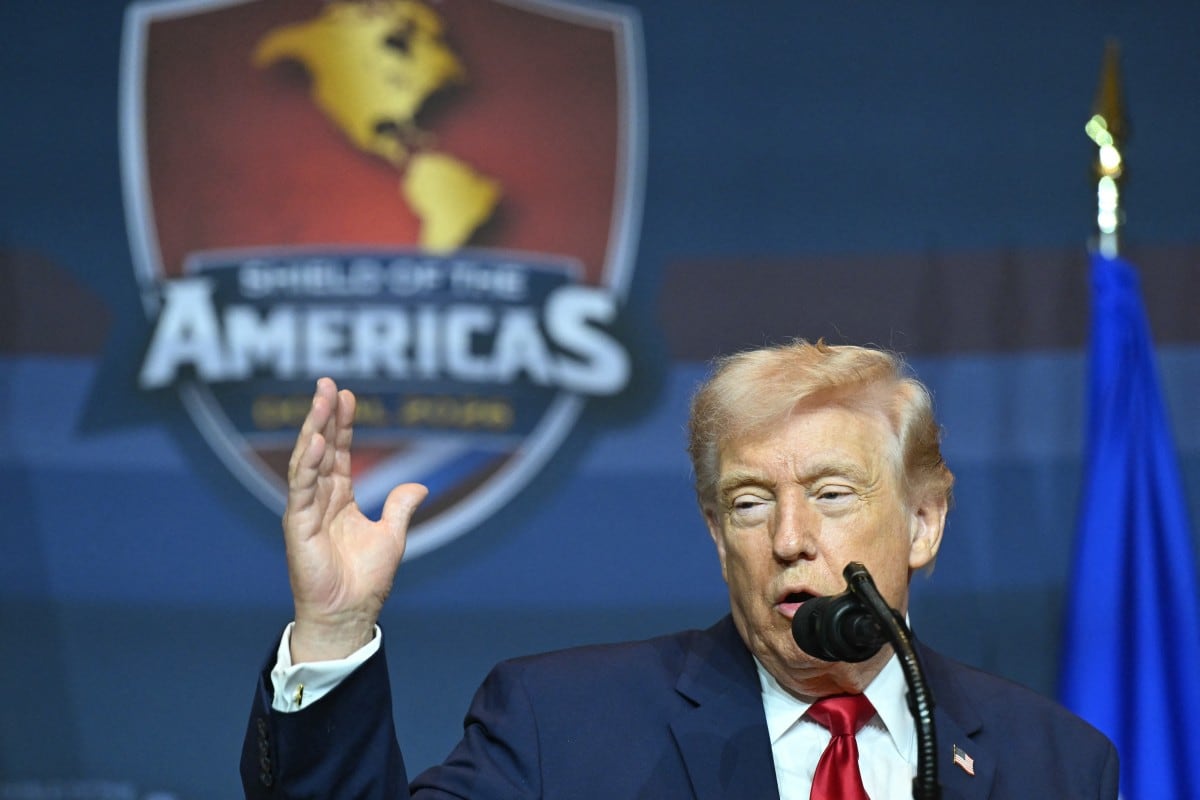 US President Donald Trump speaks during the "Shield of the Americas" Summit at Trump National Doral in Miami, Florida, March 7, 2026. President Trump is hosting a dozen right-wing leaders from Latin America and the Caribbean to discuss issues facing the region, from organized crime to illegal immigration. The summit also aims to serve Washington by boosting US interests in the region and curbing those from foreign powers like China. (Photo by SAUL LOEB / AFP)