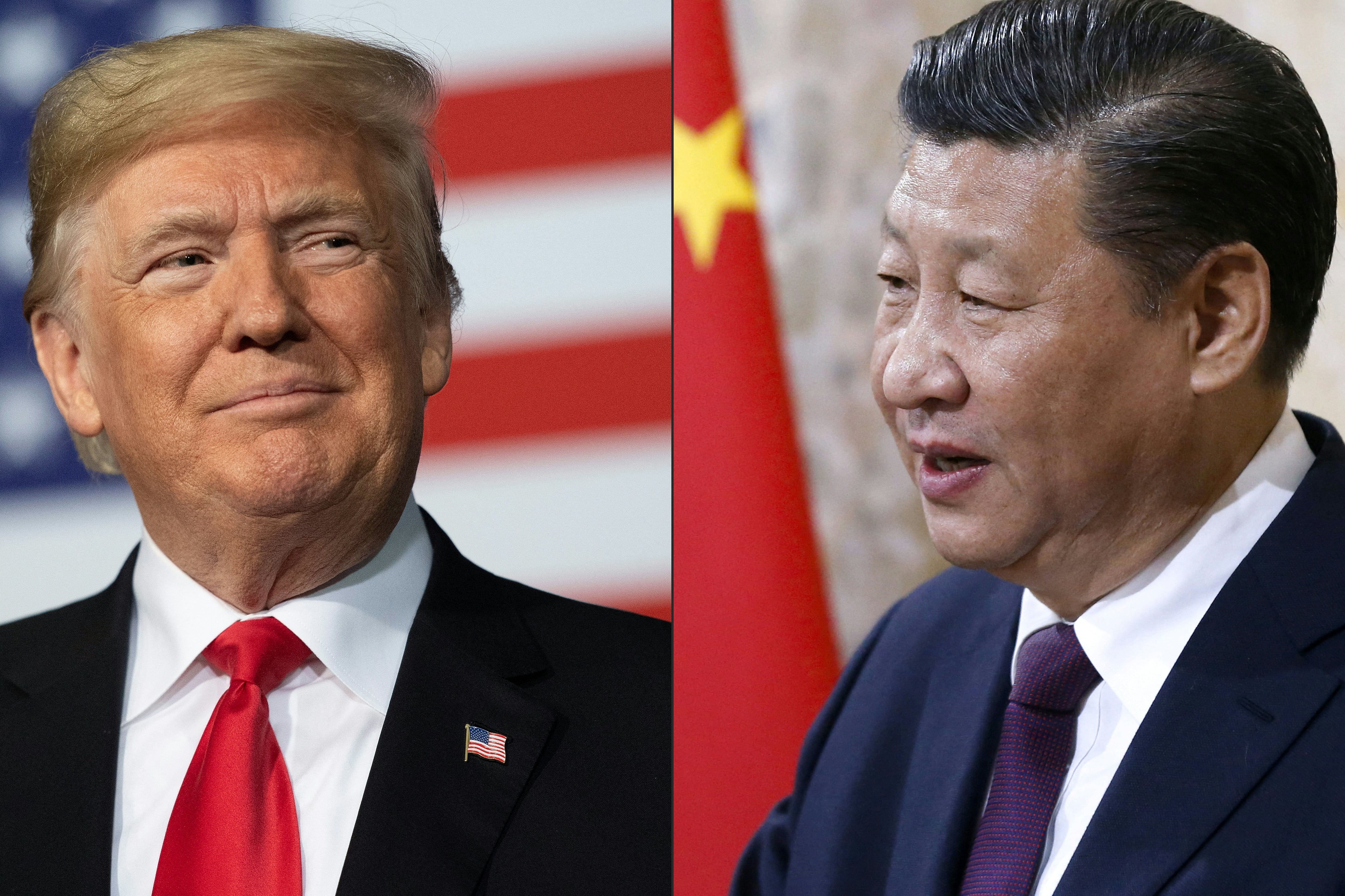 (COMBO) This combination of pictures created on May 14, 2020 shows recent portraits of  
Donald Trump y Xi Jinping en imágenes separadas, con banderas de EE. UU. y China al fondo, en el contexto de un conflicto comercial que afectó la entrega de aviones Boeing.