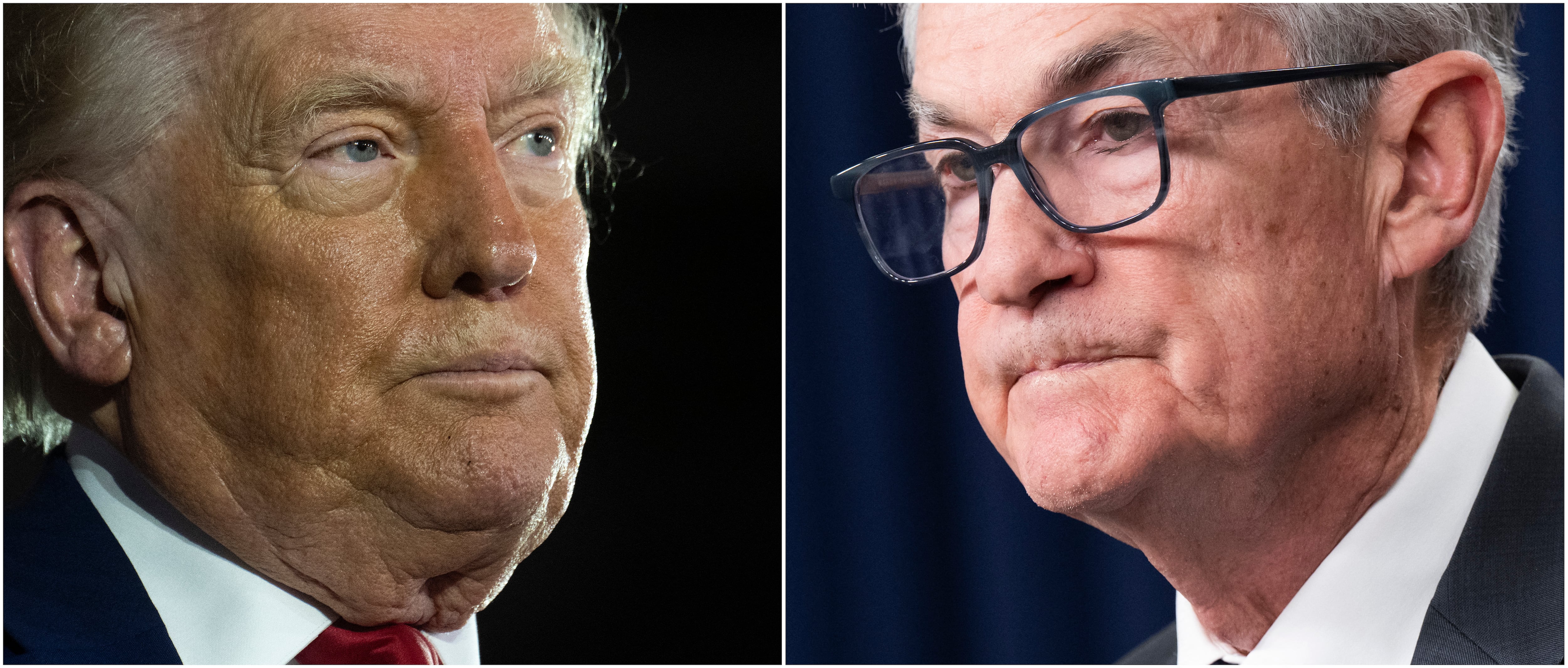 Imágenes del presidente estadounidense Donald Trump, tomada en Warren el 29 de abril de 2025 (izq.) y una foto del presidente de la Reserva Federal, Jerome Powell, tomada en Washington, D. C., el 10 de diciembre pasado. Fotografía: