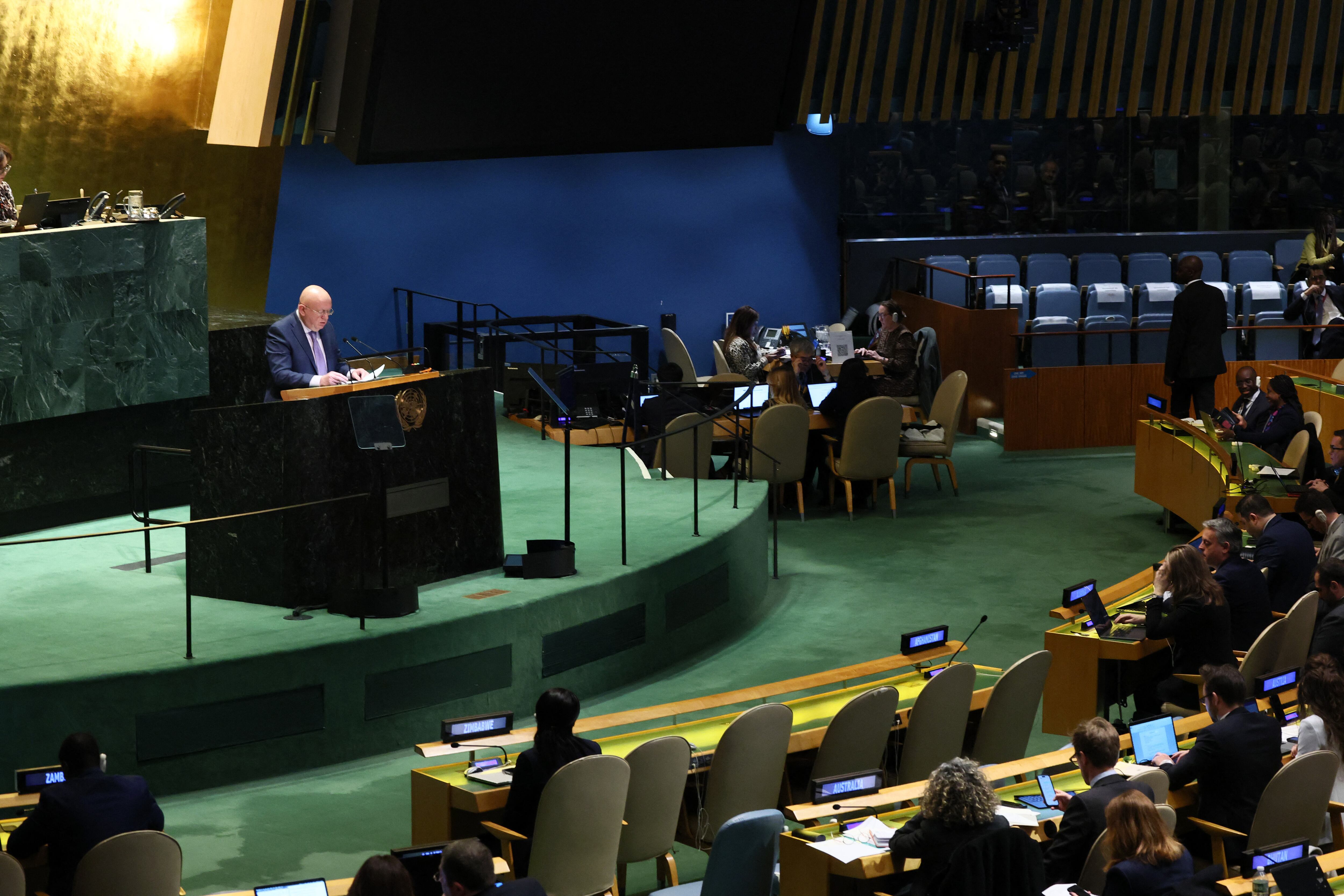 NEW YORK, NEW YORK - FEBRUARY 24: Vasily Nebenzya, Permanent Representative of Russia to the UN, speaks during a United Nations General Assembly meeting for a special session at the United Nations headquarters on February 24, 2025 in New York City. The General Assembly continued it's eleventh emergency special session as they prepare to vote on a