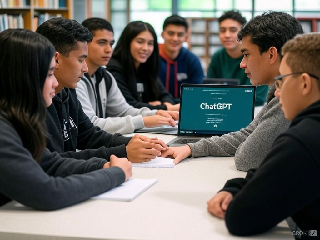 Estudiantes universitarios usan Chat GPT. Imagen creada por la IA generativa Grok 2 de X. El Financiero