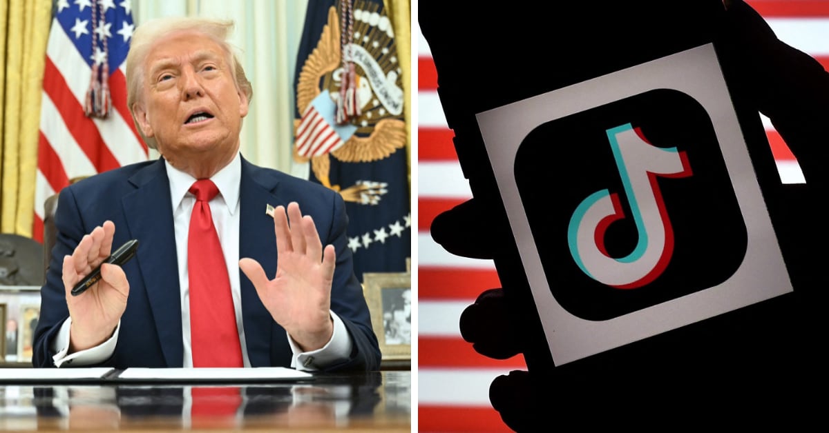 Donald Trump sentado en la Sala Oval y un celular con el ícono de TikTok