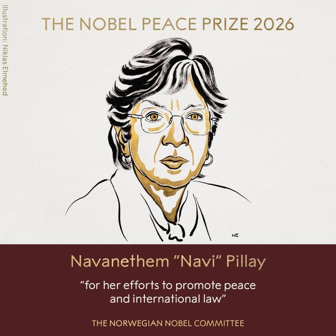 La jueza sudafricana Navanethem "Navi" Pillay gana el premio Nobel de la Paz.