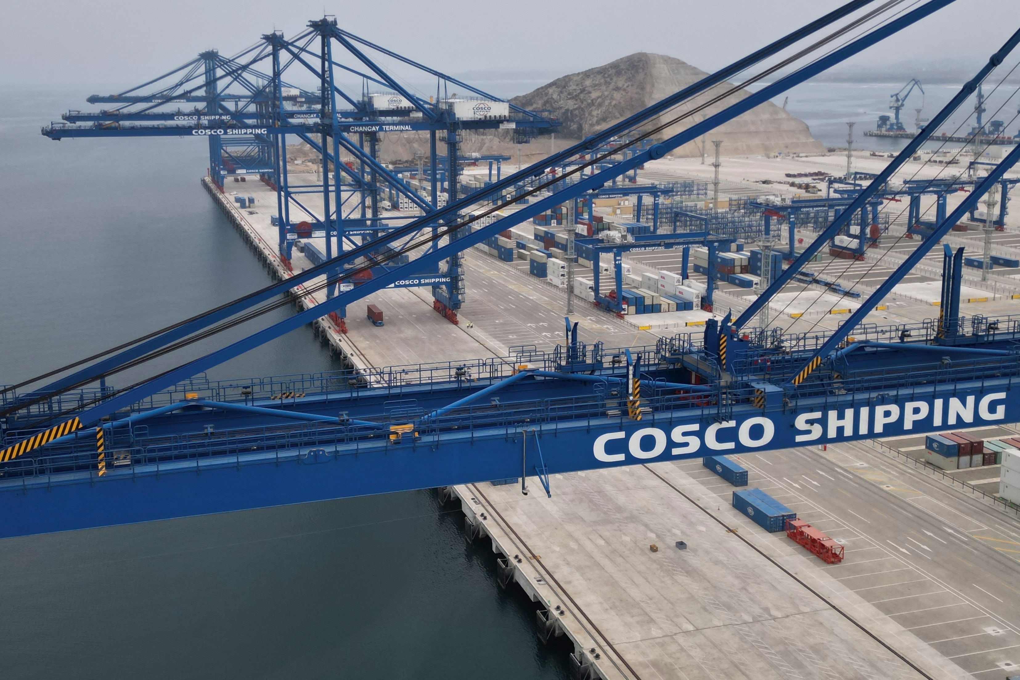 Aerial view of the Chancay "megaport" in the small town of Chancay, 78 kilometers north of the Peruvian capital Lima, on October 29, 2024. The port will be inaugurated on November 14, 2024, by Peruvian President Dina Boluarte and her Chinese counterpart, Xi Jinping, on the sidelines of the Asia-Pacific Economic Cooperation (APEC) summit in Lima. (Photo by Cris BOURONCLE / AFP)