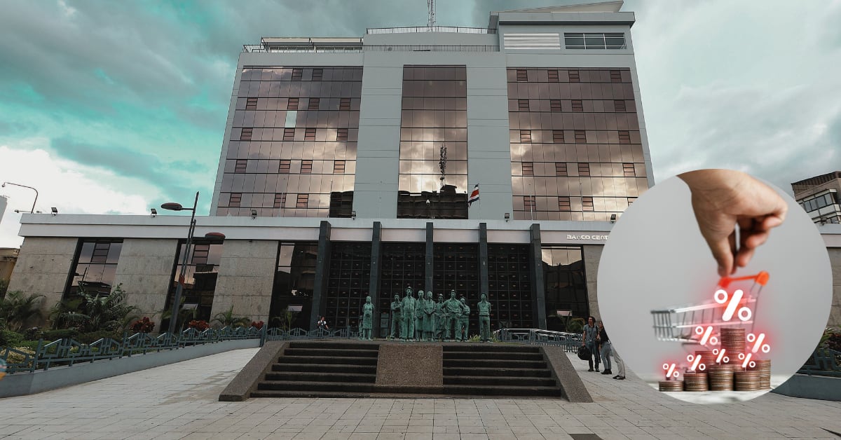 Edificio del Banco Central de Costa Rica en San José, con una ilustración de porcentajes y monedas que simbolizan la revisión del esquema de meta de inflación prevista para 2026.