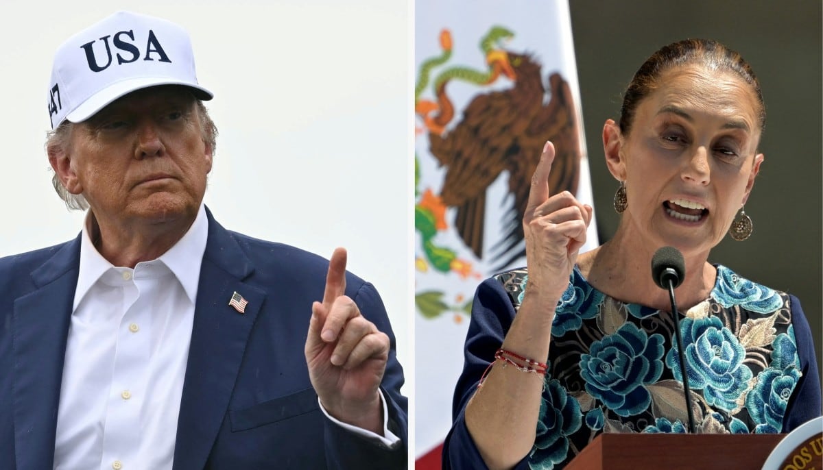 (COMBO) This combination of file pictures created on June 09, 2025 shows US President Donald Trump (L) gesturing as he disembarks from Air Force One upon arrival at Morristown Municipal Airport in Morristown, New Jersey, on June 6, 2025, and Mexico's President Claudia Sheinbaum speaking during a rally at the Zocalo square in Mexico City on March 9, 2025. Mexican President Claudia Sheinbaum on June 9, 2025, condemned violence that erupted during protests against immigration raids in Los Angeles, while calling on the United States to respect migrant rights. (Photo by ANDREW CABALLERO-REYNOLDS and Alfredo ESTRELLA / AFP)