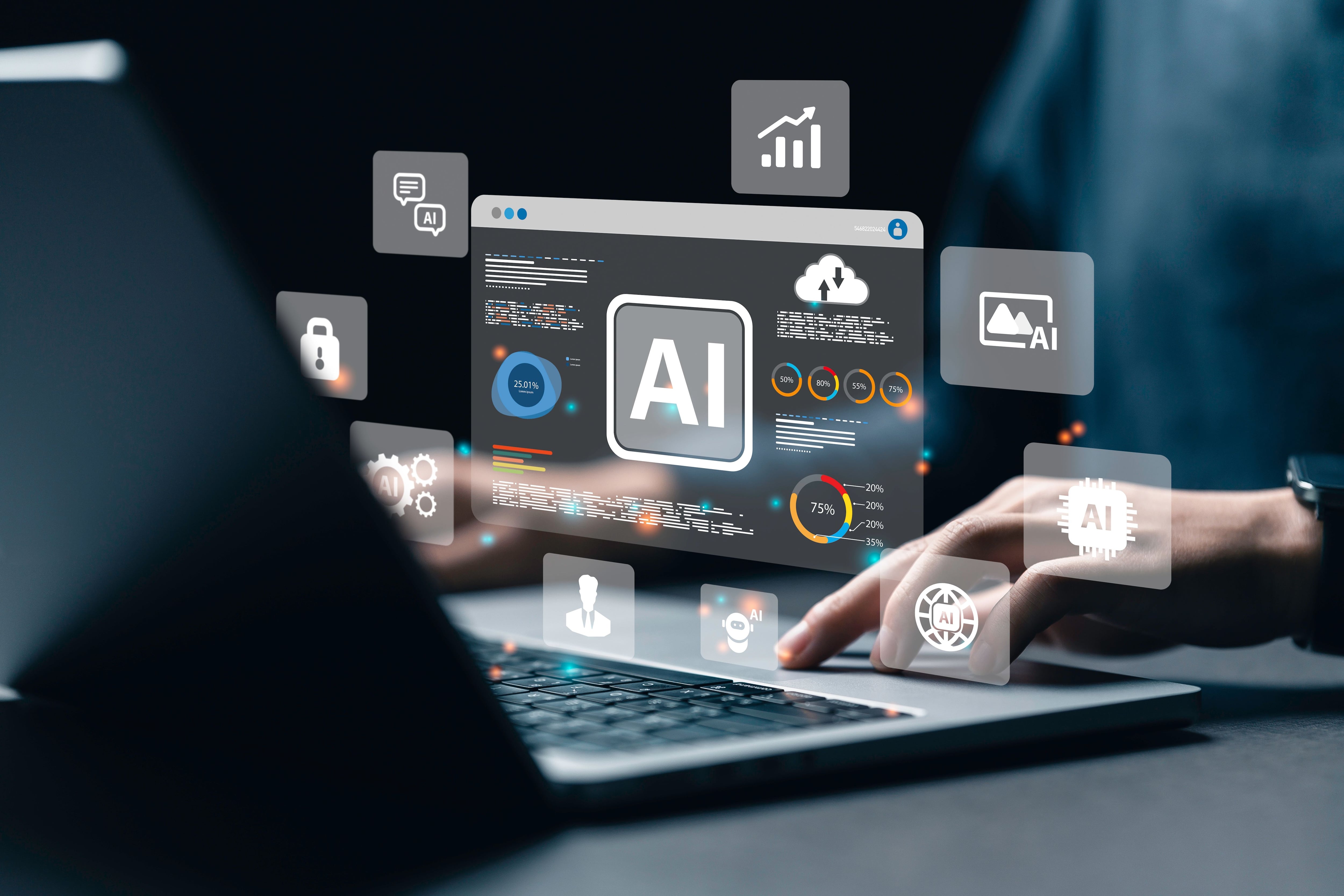 Manos de una persona usando una computadora portátil con interfaz de inteligencia artificial, con gráficos y datos flotantes sobre IA y automatización del trabajo.
