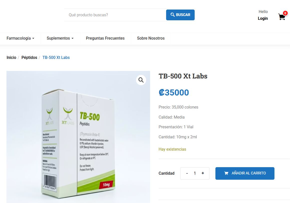 En páginas web de Costa Rica se vende el péptido TB-500, los estudios clínicos no se han realizado en la regeneración de tendones, ligamentos o músculo esquelético, que son precisamente las indicaciones más promocionadas para TB-500 en redes sociales.