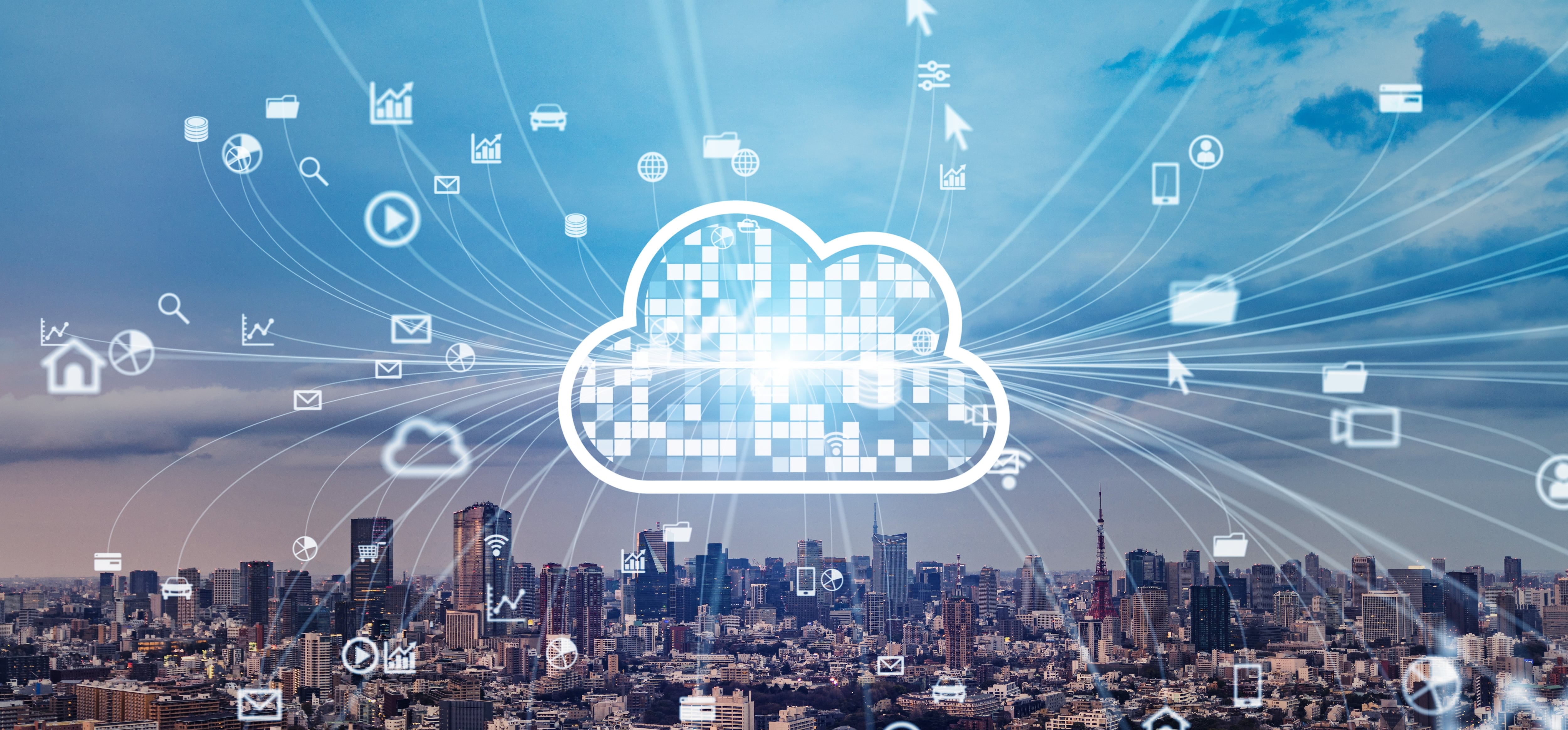 Computación en la nube, Data centers filled with rows and rows of servers as blinking light indicate constant processing, high detail, cinematic angle composition