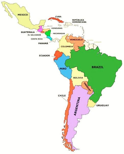 El mapa muestra la división política de gran parte de América Latina, incluyendo Sudamérica, Centroamérica, México y algunas islas del Caribe.