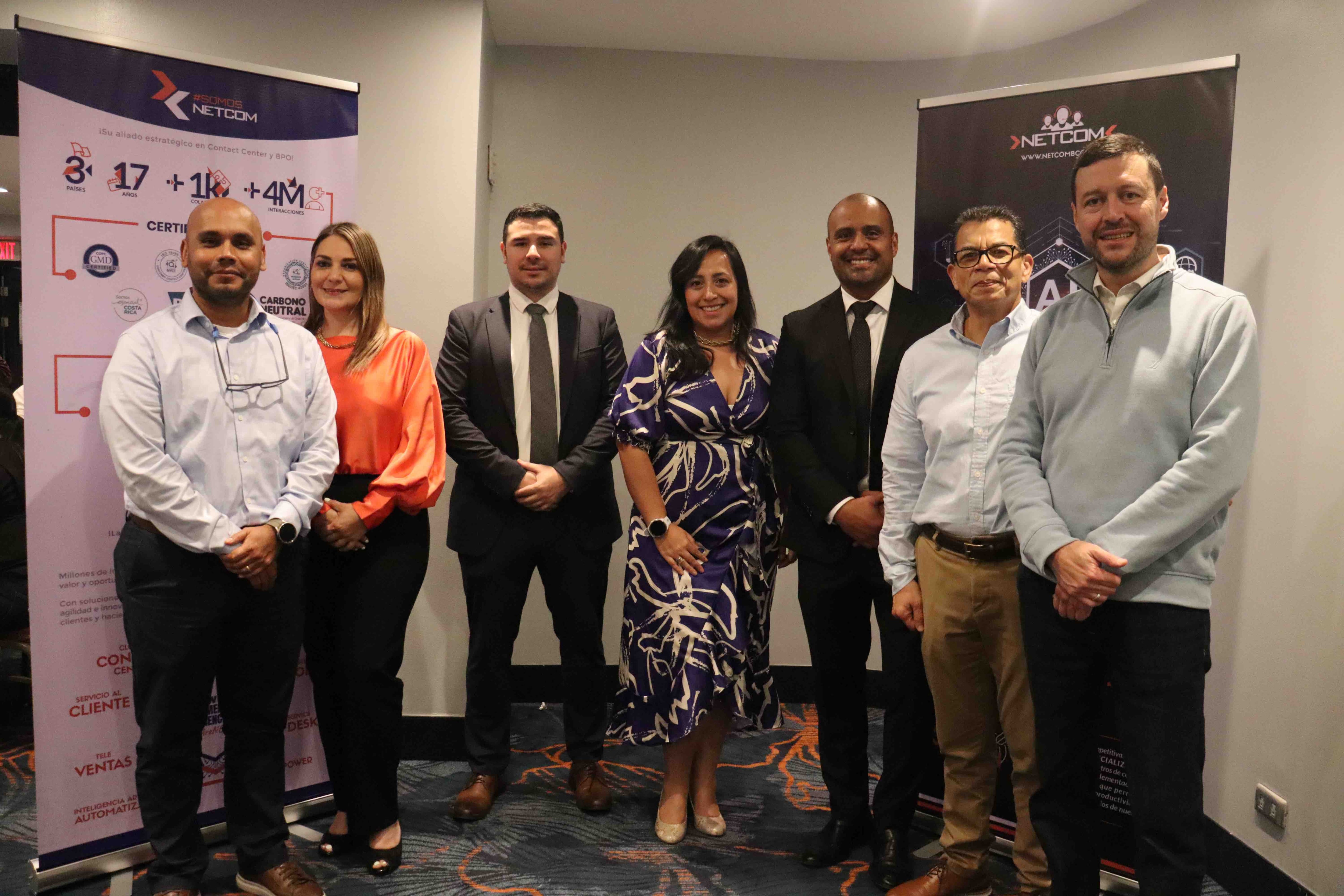 De izquierda a derecha: Gustavo Sánchez, Sales Director de Genesys. Evelyn Gatgens, Account Executive Genesys, Juan Avendaño, Gerente de Operaciones, Johana Forero Partner Manager LATAM, Genesys, Luis Salazar Gerente Comercial de Netcom, Mario Guerra, Gerente Comercial Netcom y Jose López, Senior Solution Consultant Manager Genesys.