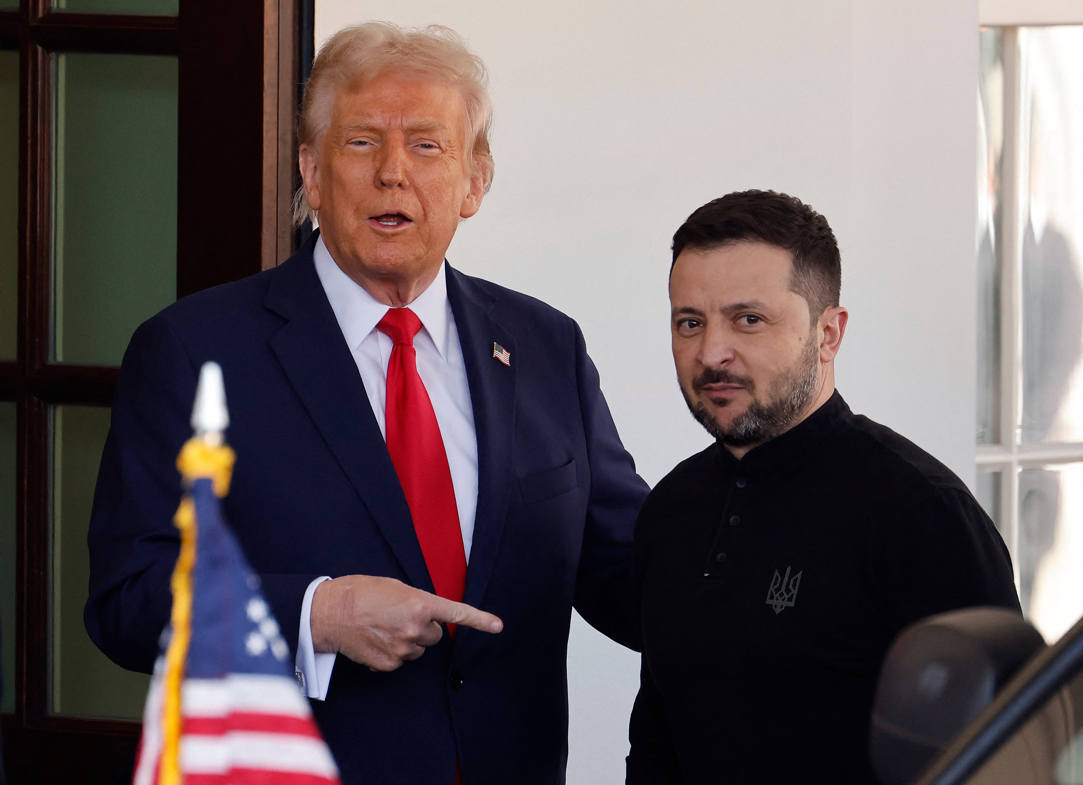 WASHINGTON, DC - FEBRUARY 28: (L-R) U.S. President Donald Trump greets Ukrainian President Volodymyr Zelensky as he arrives at the White House on February 28,