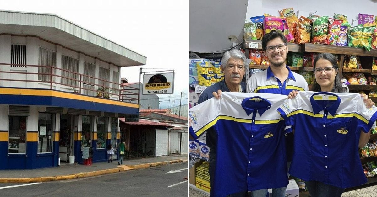 Fotografía de Don Mario Alfaro y sus hijos Carlos Alfaro y Dimelza Alfaro, sosteniendo camisas con el logo del negocio familiar Súper Mario, un minisúper en San Ramón, Alajuela. Detrás de ellos, estantes con productos como snacks y papel higiénico.