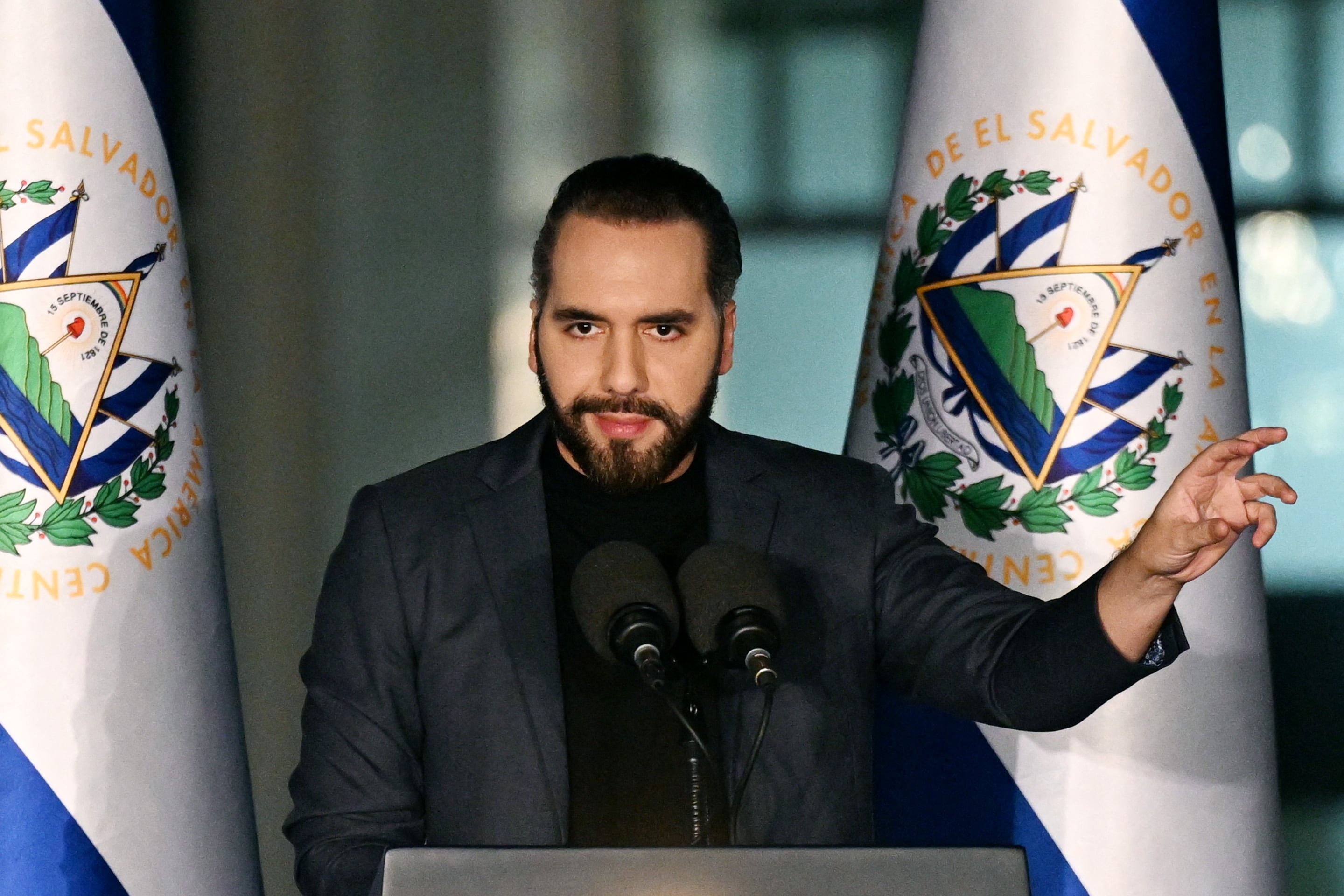 El Salvador's President Nayib Bukele gestures as he delivers a speech during the inauguration of the new headquarters of the Attorney General�s Office (FGR) in Antiguo Cuscatlan, El Salvador, on May 19, 2026. El Salvador's President, Nayib Bukele, announced on May 19 the launch of a crackdown on corruption, after declaring victory in his �war� against violent gangs, which has resulted in some 91,000 arrests. (Photo by Marvin RECINOS / AFP)