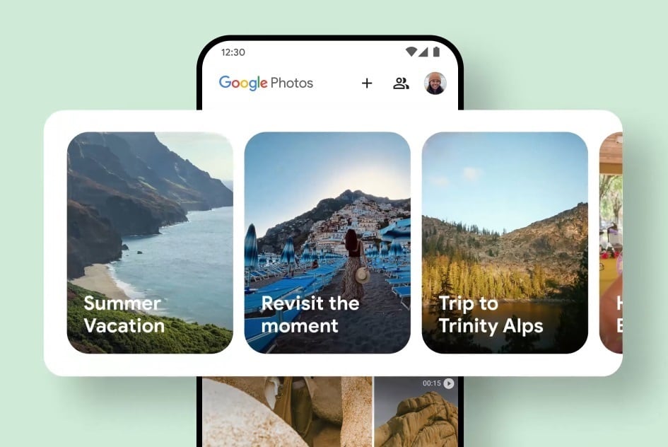Pantalla de un dispositivo móvil mostrando álbumes de Google Fotos con imágenes de paisajes y opciones de organización.