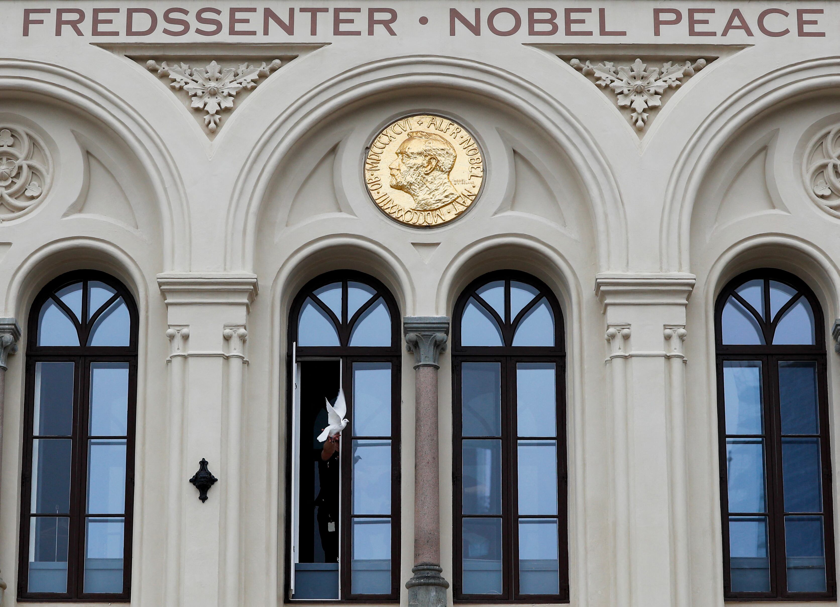 Una paloma es liberada al mediodía desde una ventana del Centro Nobel de la Paz tras el anuncio de los ganadores del Premio Nobel de la Paz 2023