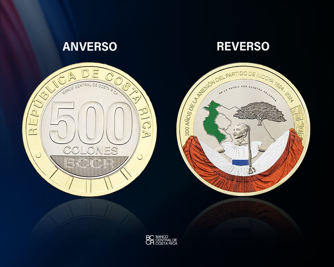 Esta es la moneda de 500 colones conmemorativa del Bicentenario de la Anexión de Guanacaste. Por primera vez en la historia de Costa Rica una moneda tiene a una mujer en su diseño. La mujer que sale es Karla Bustos Villavicencio tiene 18 años, vive en Alajuelita.