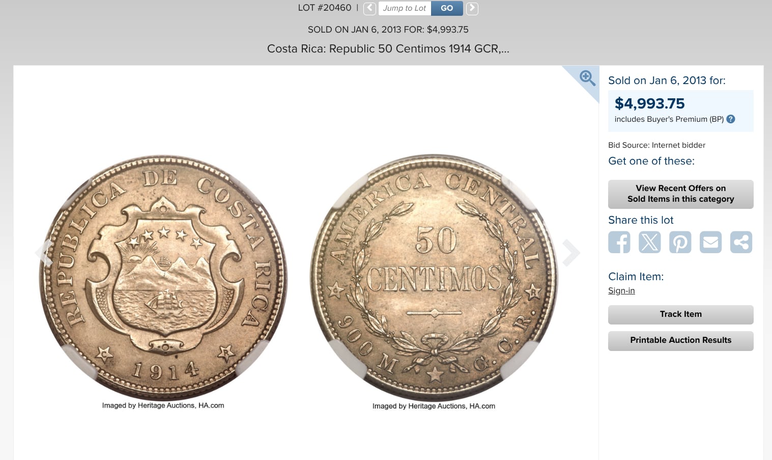 Moneda de 50 céntimos costarricense se vendió en casi $5.000 en ha.com.