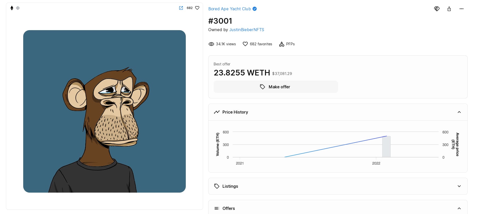 El NFT Bored Ape #3001 de Justin Bieber está lejos de su valor de enero del 2022.