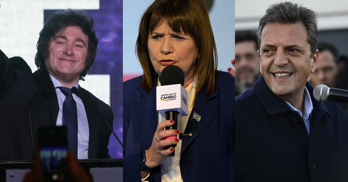 Javier Milei, Patricia Bullrich y Sergio Massa   disputarán la silla presidencial de Argentina el próximo 22 de octubre. (AFP)