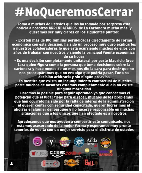 Inquilinos de La Cartonera aseguran que quieren seguir en el mercado gastronómico. Captura de pantalla.
