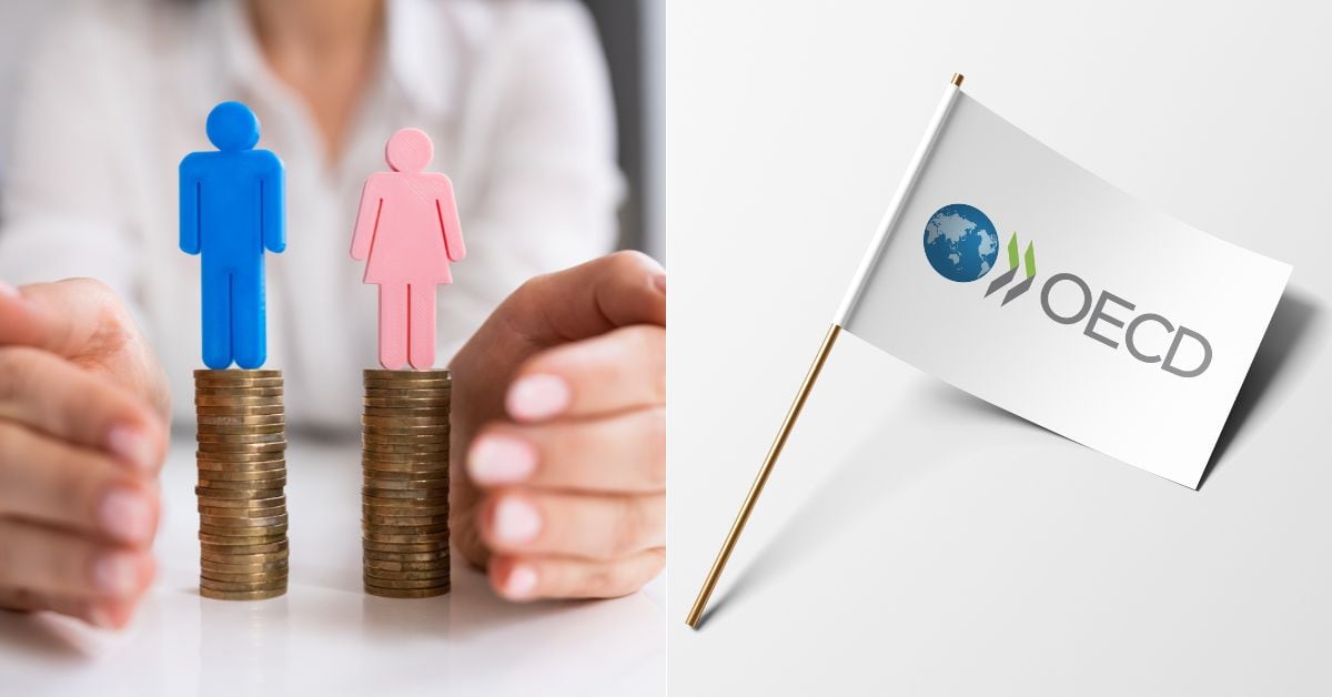 en la imagen dos pilas de monedas con figuras de hombre y mujer y una bandera de la OCDE a la par