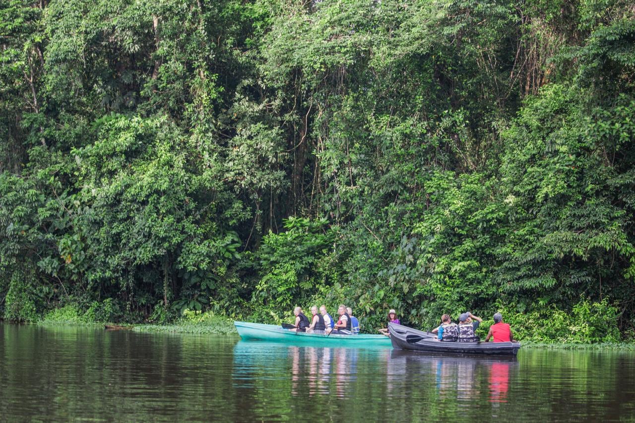 Grupo de turistas en botes recorriendo un río rodeado de selva en Costa Rica, disfrutando de actividades turísticas en 2024.