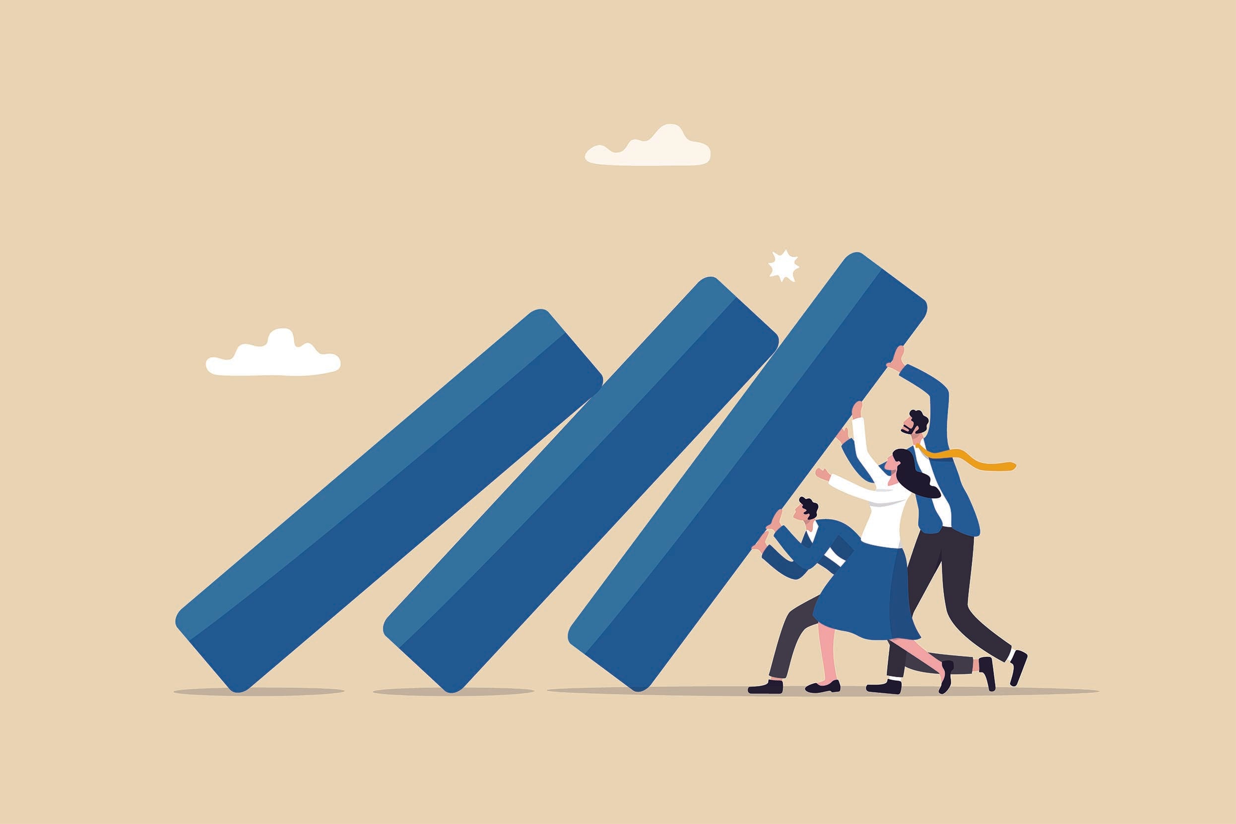 Teamwork to solve problem, team effort help stop crisis, responsibility to stop failure, support or trustworthy or courage to success concept, business people colleagues help stop domino falling.