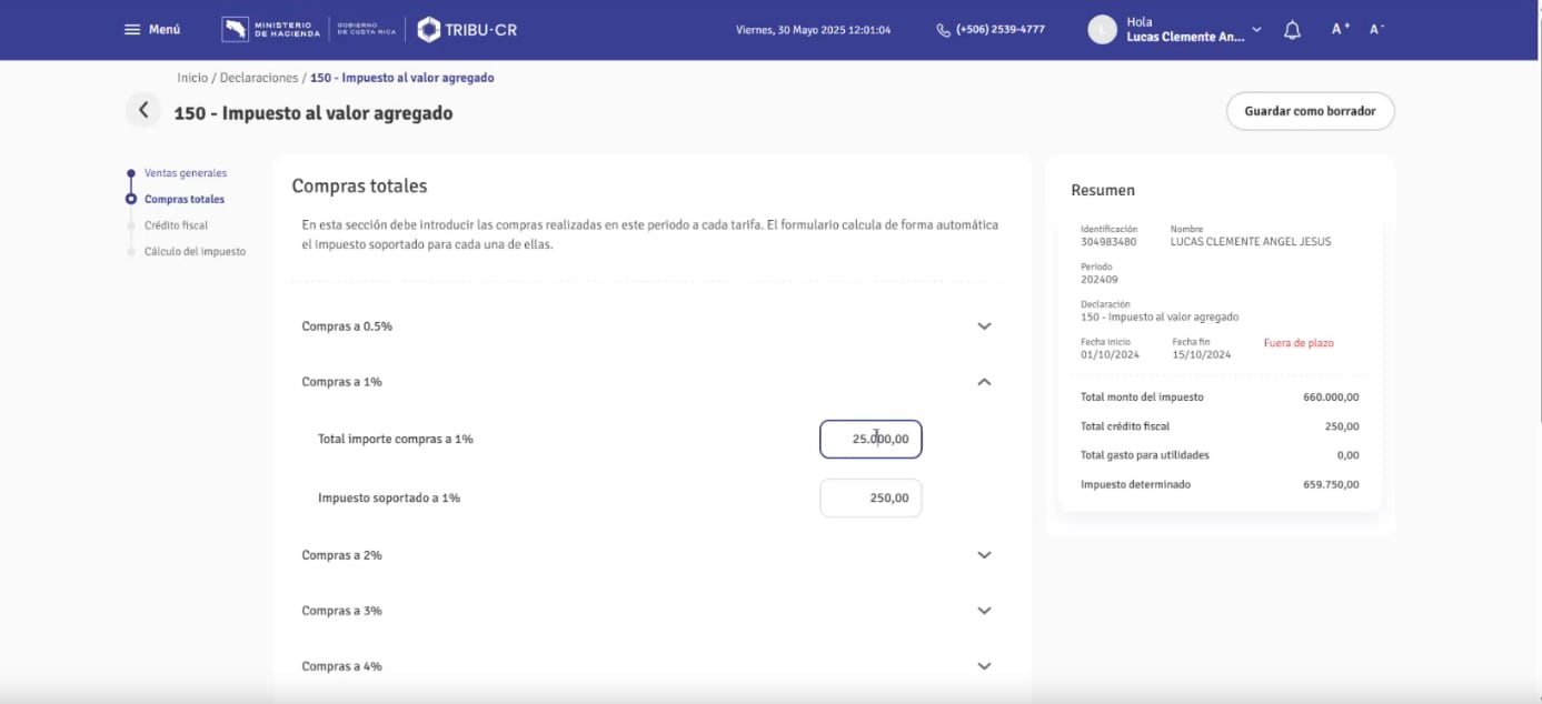 Con una misma distribución porcentual a la de ventas, el sistema requiere que ingrese los datos de compras.