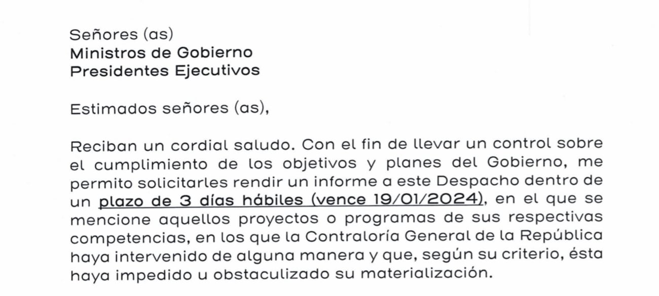 Carta enviada por Presidencia a ministros y presidentes ejecutivos.