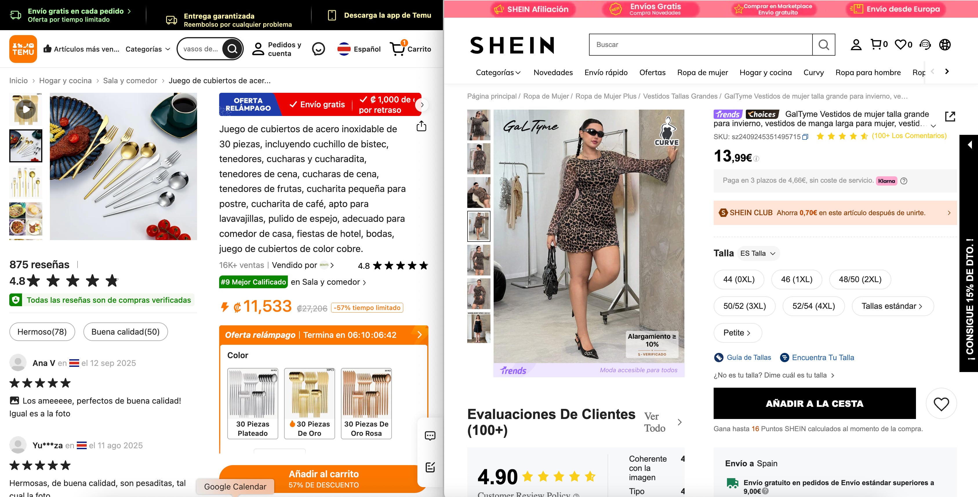 Comparación de precios y tipo de productos entre Temu y Shein.