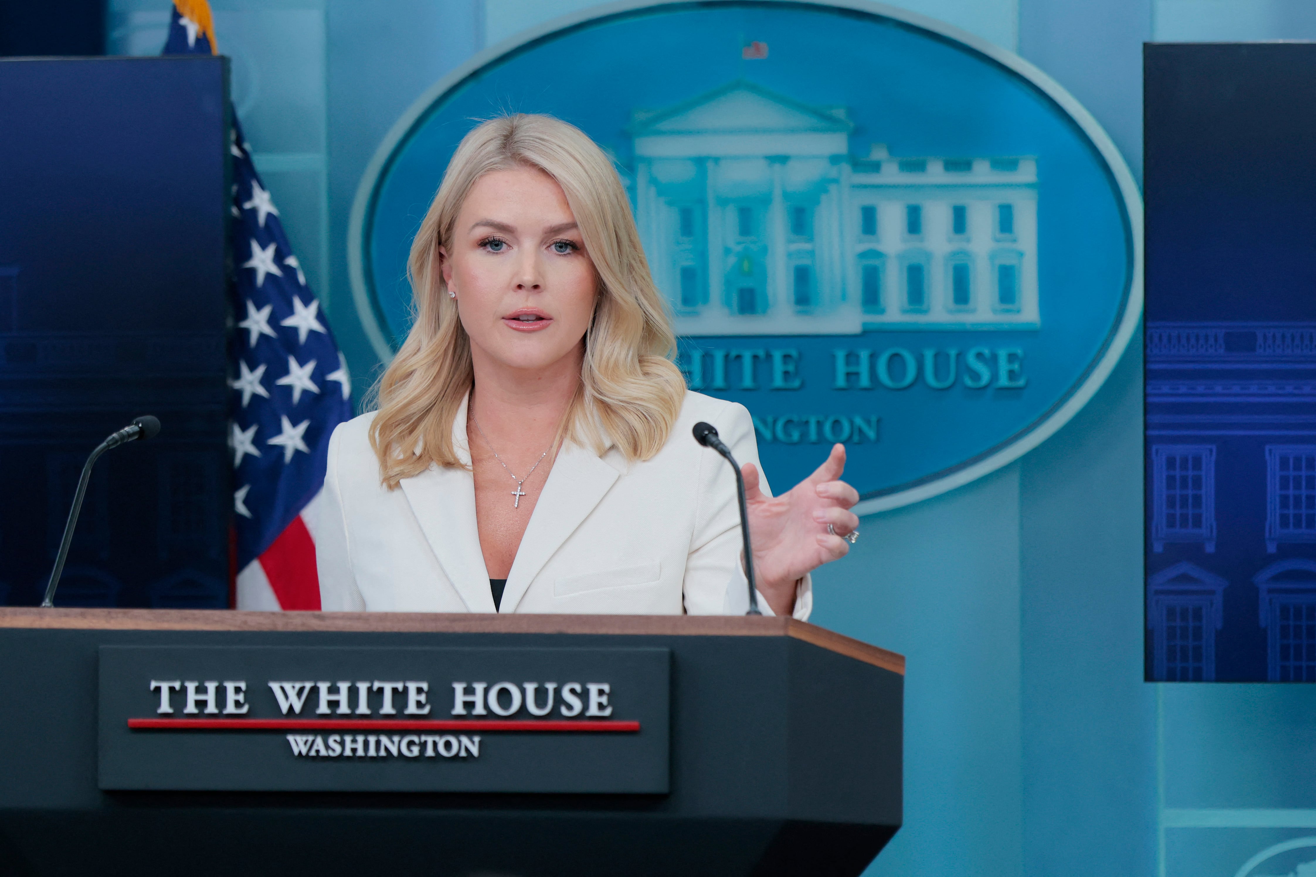 WASHINGTON, DC - APRIL 08: White House press secretary Karoline Leavitt speaks during the daily press briefing in the Brady Press Briefing Room at the White House on April 08, 2025 in Washington, DC. Leavitt spoke to reporters about a range of topics including tariffs and U.S. President Donald Trump's upcoming schedule. Anna Moneymaker/Getty Images/AFP (Photo by Anna Moneymaker / GETTY IMAGES NORTH AMERICA / Getty Images via AFP)