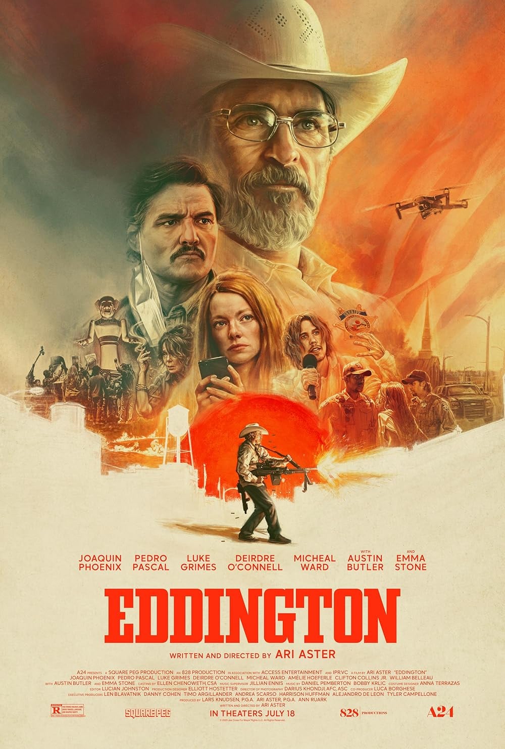 El afiche oficial de ‘Eddington’, protagonizada por Joaquin Phoenix, Pedro Pascal, Emma Stone y Austin Butler.