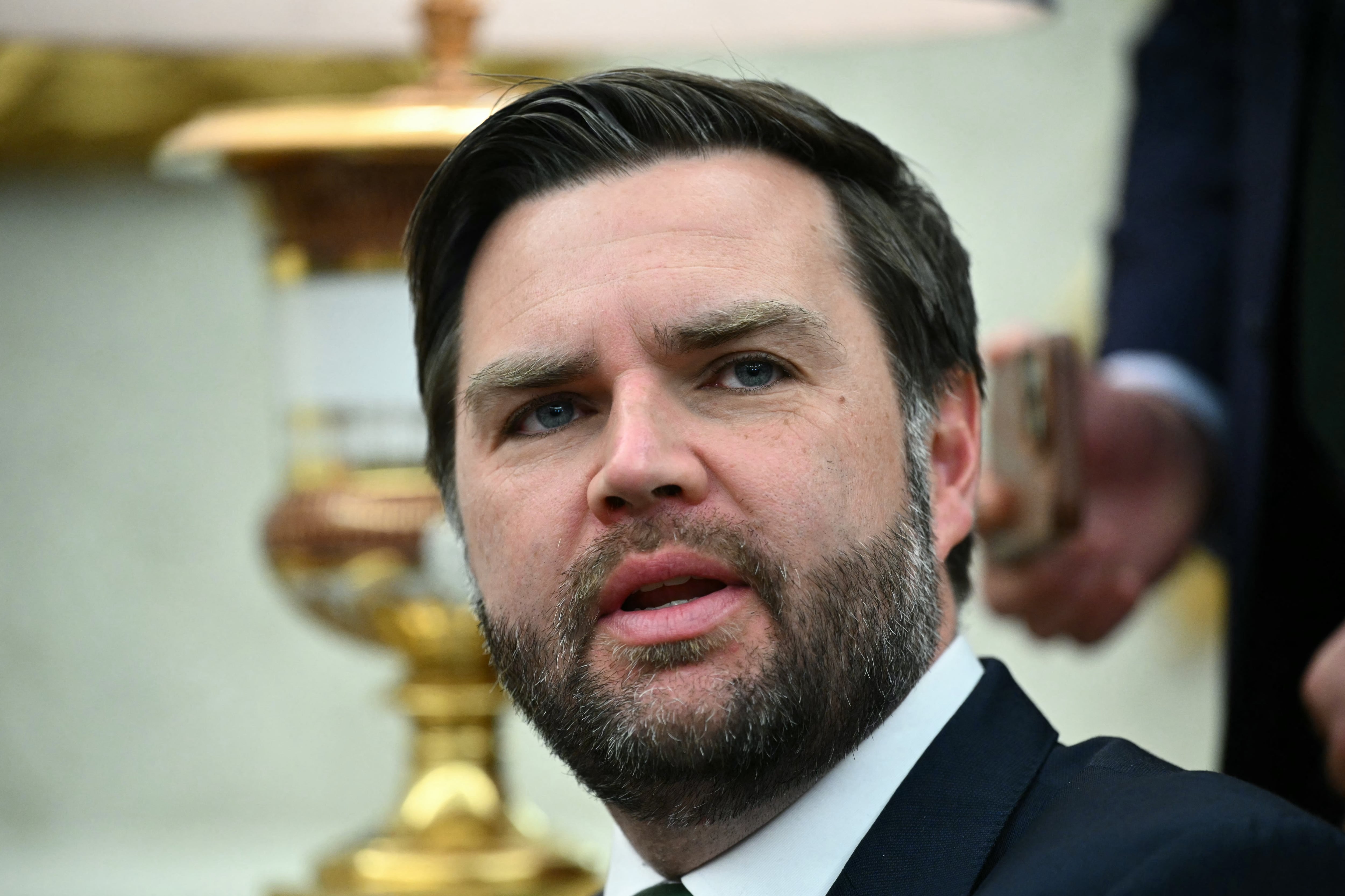 US Vice President JD Vance speaks during a meeting with US President Donald Trump and Irish Prime Minister Micheal Martin in the Oval Office of the White House in Washington, DC, on March 12, 2025. (Photo by Mandel NGAN / AFP)