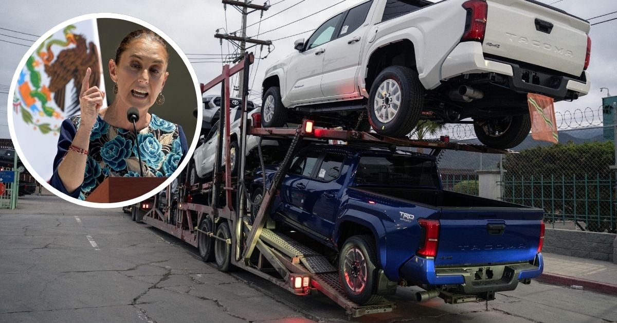 En la imagen unos vehículos y la presidenta mexicana Claudia Sheinbaum