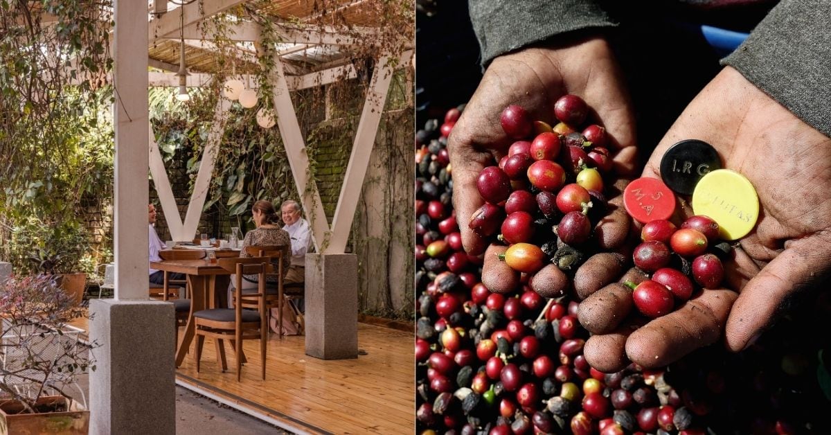 Cafetería Cafeoteca en Barrio Escalante, San José, Costa Rica, con mesas al aire libre y rodeada de vegetación, donde clientes disfrutan de su café. Seleccionada entre las 100 mejores cafeterías del mundo en 2025.