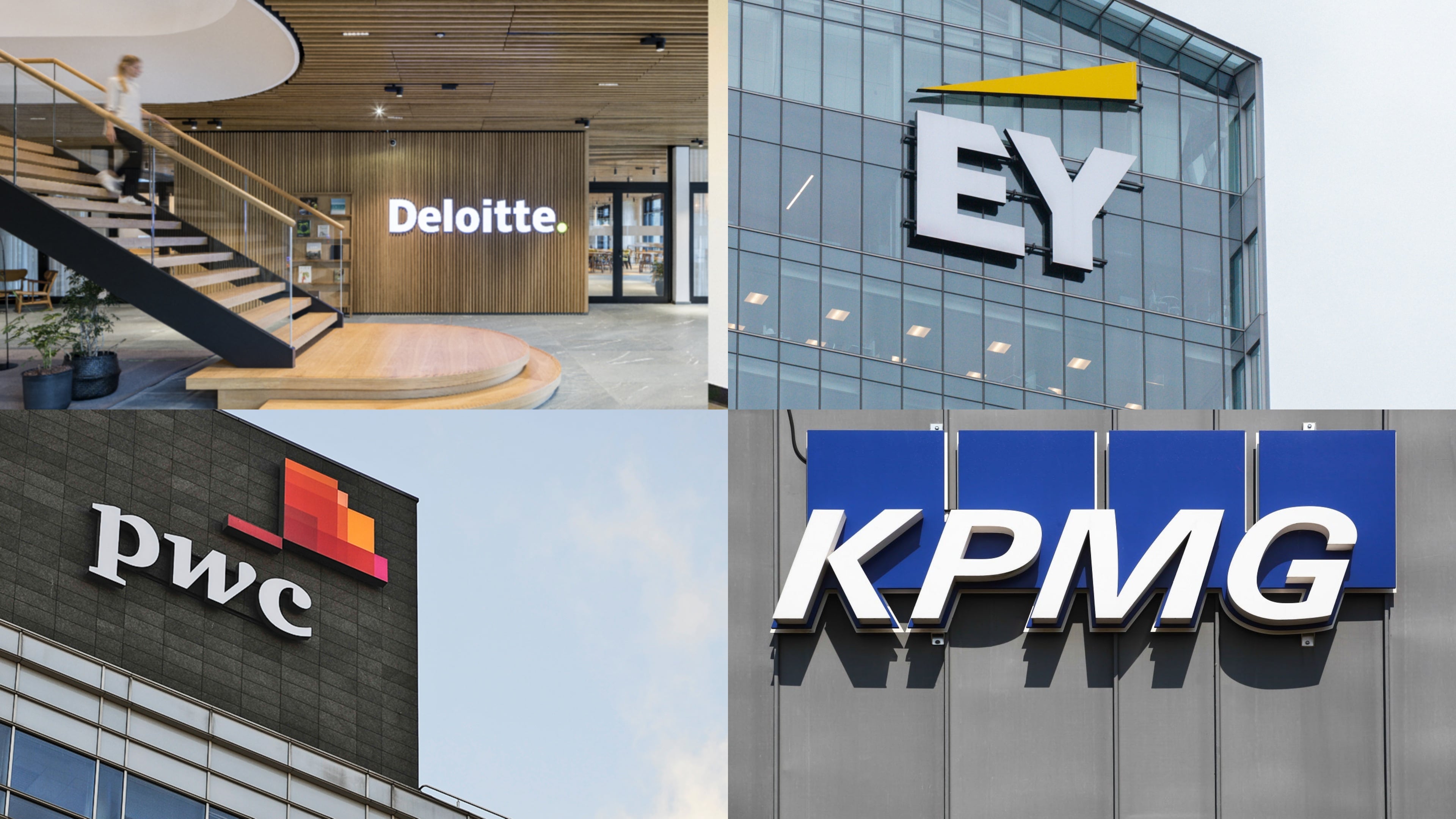 Collage, compuesto por 4 recuadros que muestran en la parte superior los logos de Hoyd, PWCI y KPP sobre fondos de color corporativo. En la parte inferior se aprecian las fachadas modernas de sus edificios.