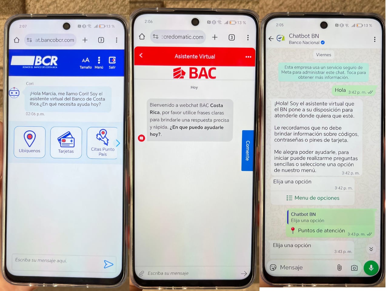 Estos son los asistentes virtuales del BCR, BAC Credomatic y BNCR (orden de izquierda a derecha).