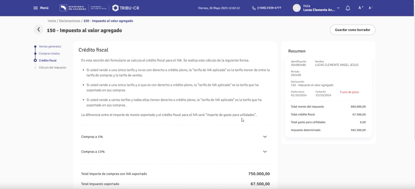 Con la información suministrada, Tribu-CR muestra un resumen de su crédito fiscal.