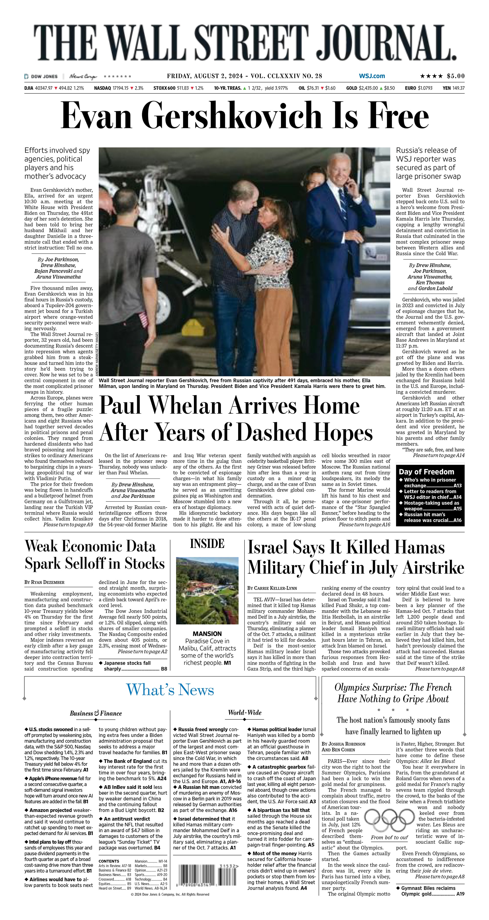 Rusia libera al periodista del Wall Street Journal en el mayor intercambio de prisioneros desde la Guerra Fría |Portada del Wall Street Journal