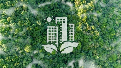 Ilustración de edificios y hojas sobre un bosque, simbolizando el compromiso empresarial necesario con la biodiversidad.