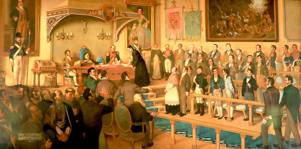 Firma de la Independencia, pintura del pintor chileno Luis Vergara Ahumada, que representa el momento en que el padre José Matías Delgado firma el acta a las 9:35am.
