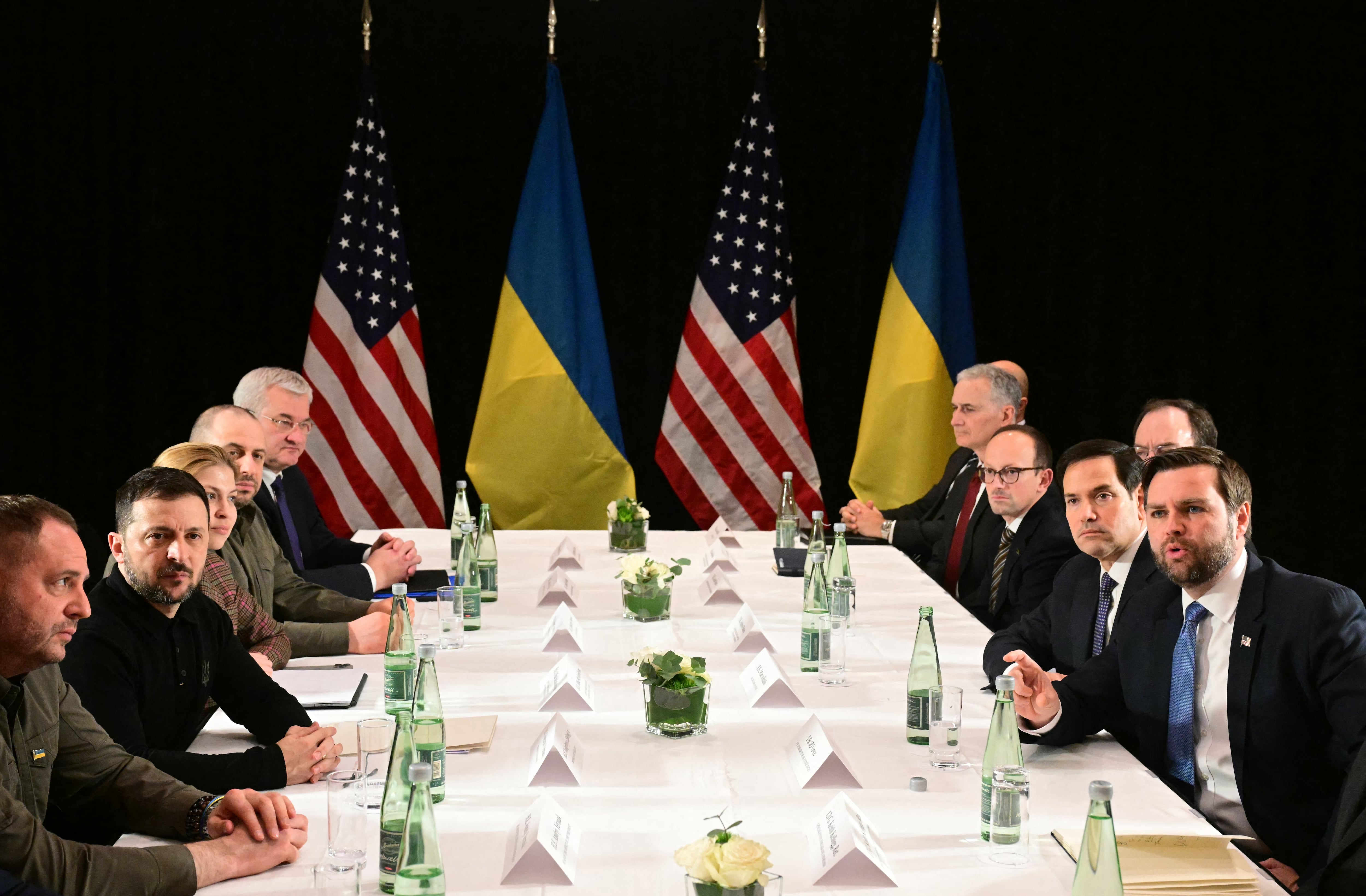 US Vice President JD Vance (R), US Secretary of State Marco Rubio (2nd R) and Ukrainian President Volodymyr Zelensky (2nd L) meet on the sidelines of the 61st Munich Security Conference (MSC) in Munich, southern Germany on