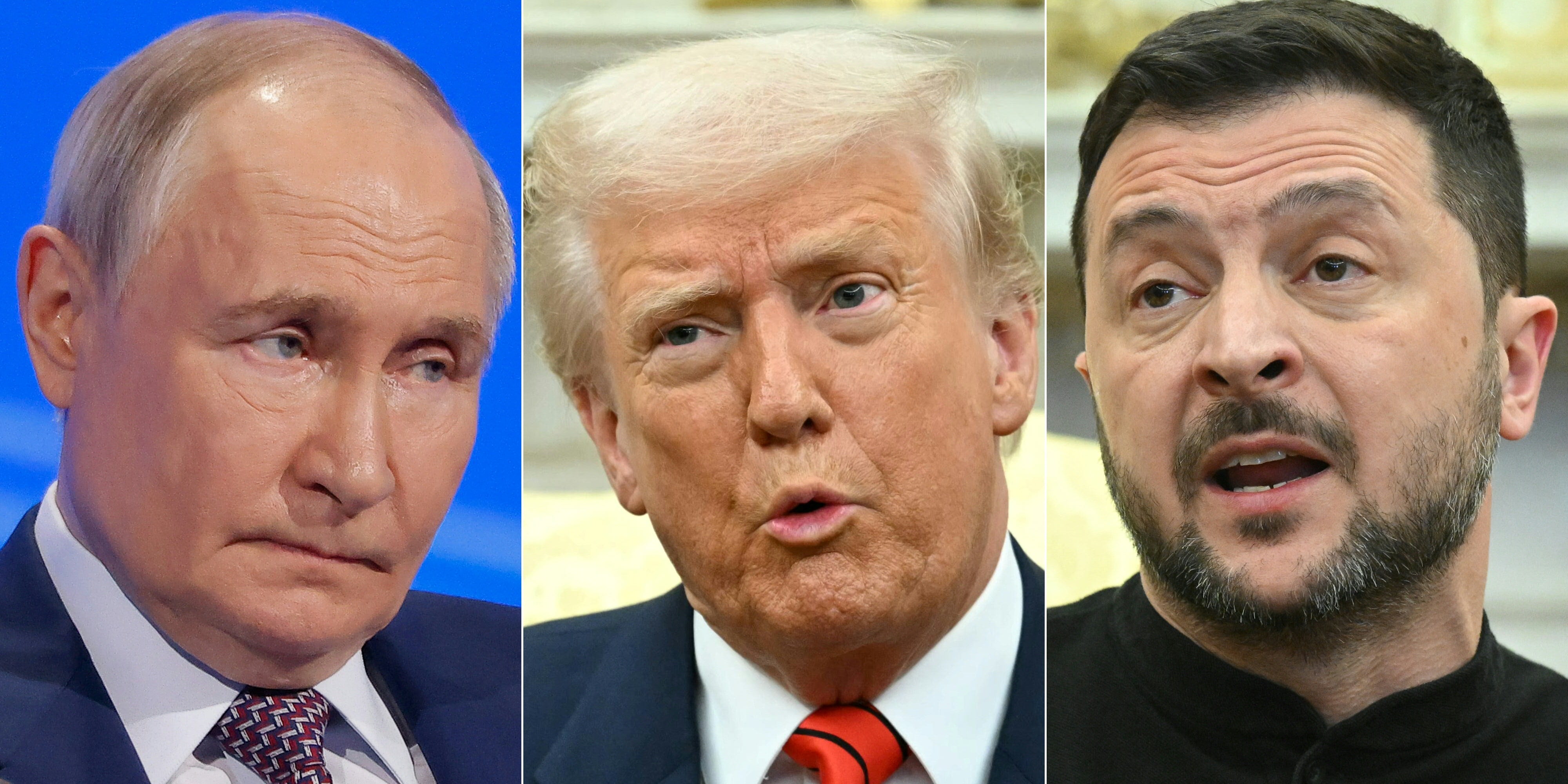 Esta combinación de imágenes creada el 18 de marzo de 2025 muestra, de izq. a der., al presidente ruso Vladimir Putin en Moscú el 18 de marzo de 2025 y al presidente estadounidense Donald Trump en la Oficina Oval de la Casa Blanca el 13 de marzo de 2025, y al presidente de Ucrania Volodymyr Zelensky en la Oficina Oval de la Casa Blanca en Washington, DC, el 28 de febrero de 2025.