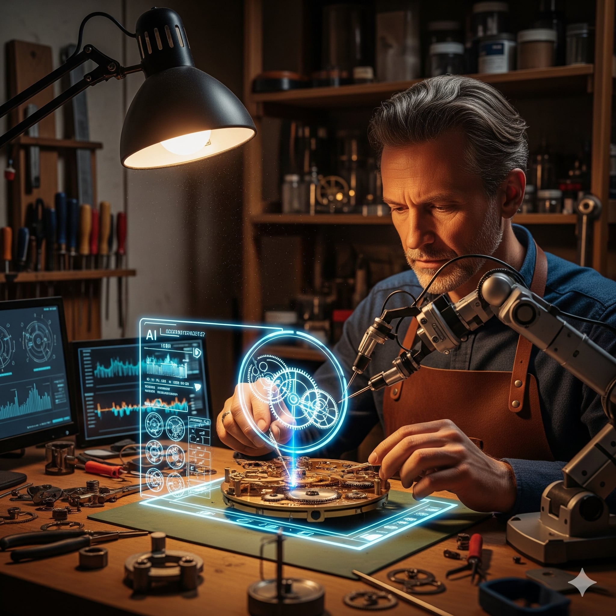 Imagen creada por Gemini bajo la solicitud: un taller de artesano donde una persona experta trabaja en una pieza compleja (por ejemplo, un reloj o una escultura). A su lado, un brazo robótico o una interfaz de IA holográfica no está reemplazando, sino asistiendo: le ofrece herramientas, proyecta planos sobre la pieza y analiza datos. La iluminación es cálida y resalta la colaboración y la habilidad humana aumentada por la tecnología, no sustituida.