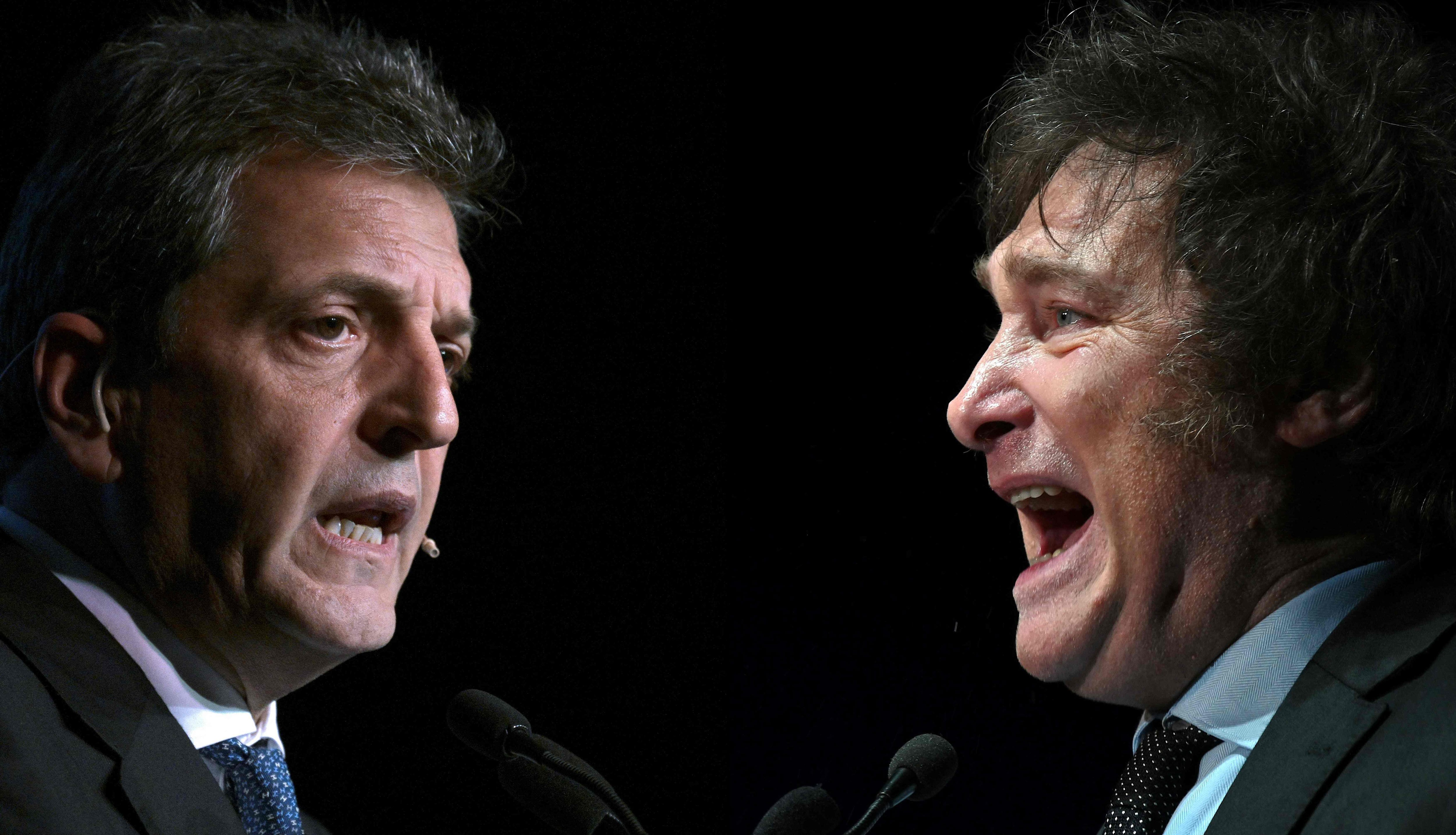 El economista Javier Milei (derecha) se presenta como un "outsider", propone dolarizar la economía y "dinamitar" el Banco Central para eliminar la crónica inflación argentina; mientras Sergio Massa (izquierda), es un político experimentado que busca atraer a los votantes críticos del peronismo al cual pertenece prometiendo dirigir un "gobierno de unidad".